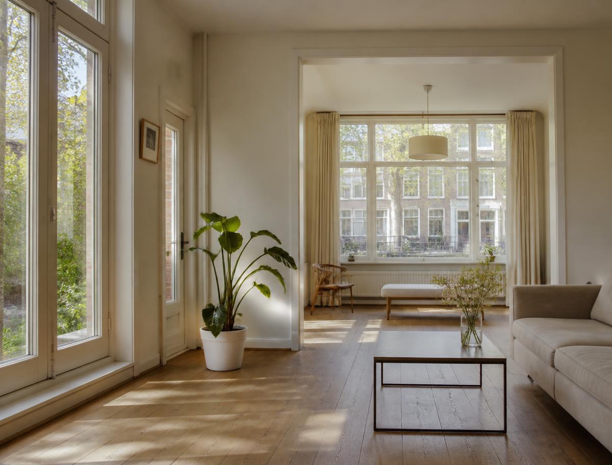 Lichte Nederlandse woonkamer met grote ramen